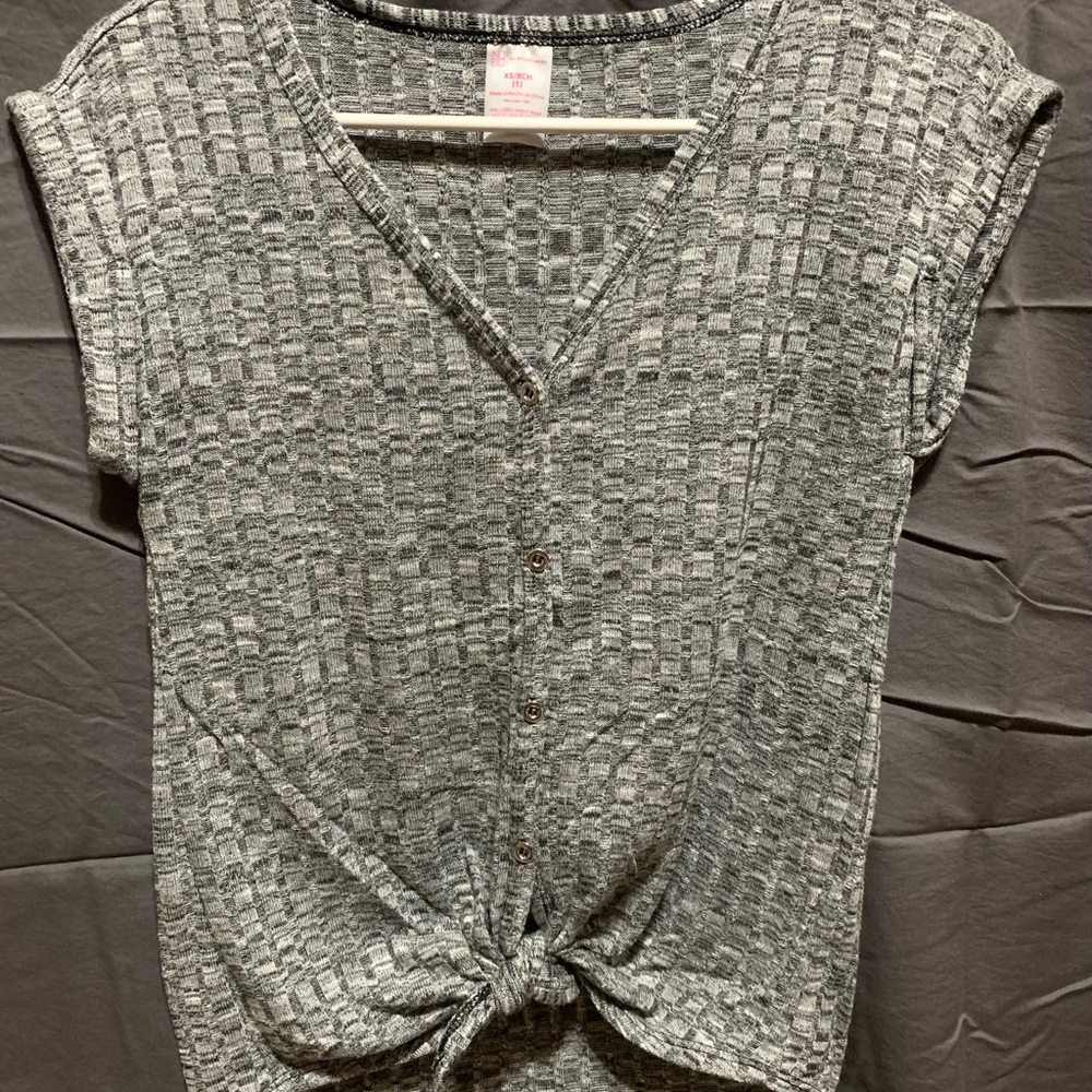 No Boundaries Grey Button Top with Tied Knot in front